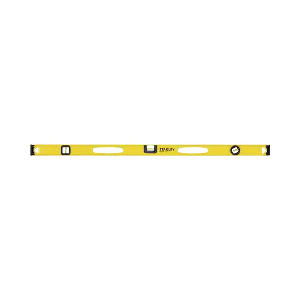 The Go Build 48 in. Non-Magnetic 180 Aluminum I-Beam Level features three bubble vials, two hand holes, and a yellow rectangular design, shown against a white background.